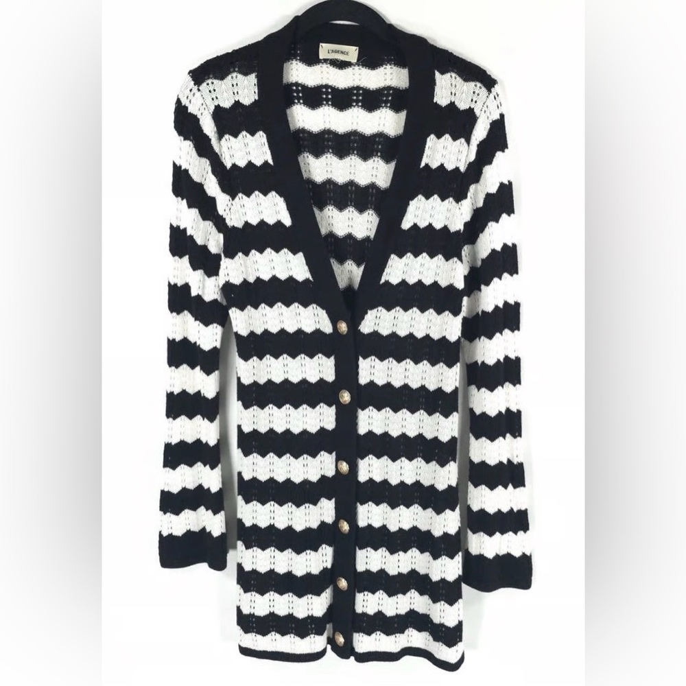 L’Agence Striped Joan Knit Long Cardigan Black White Gold Buttons SMALL